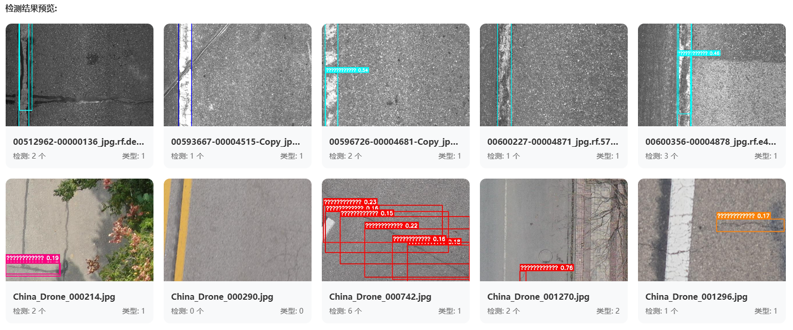 Visual detection algorithm output for road marking and crack detection